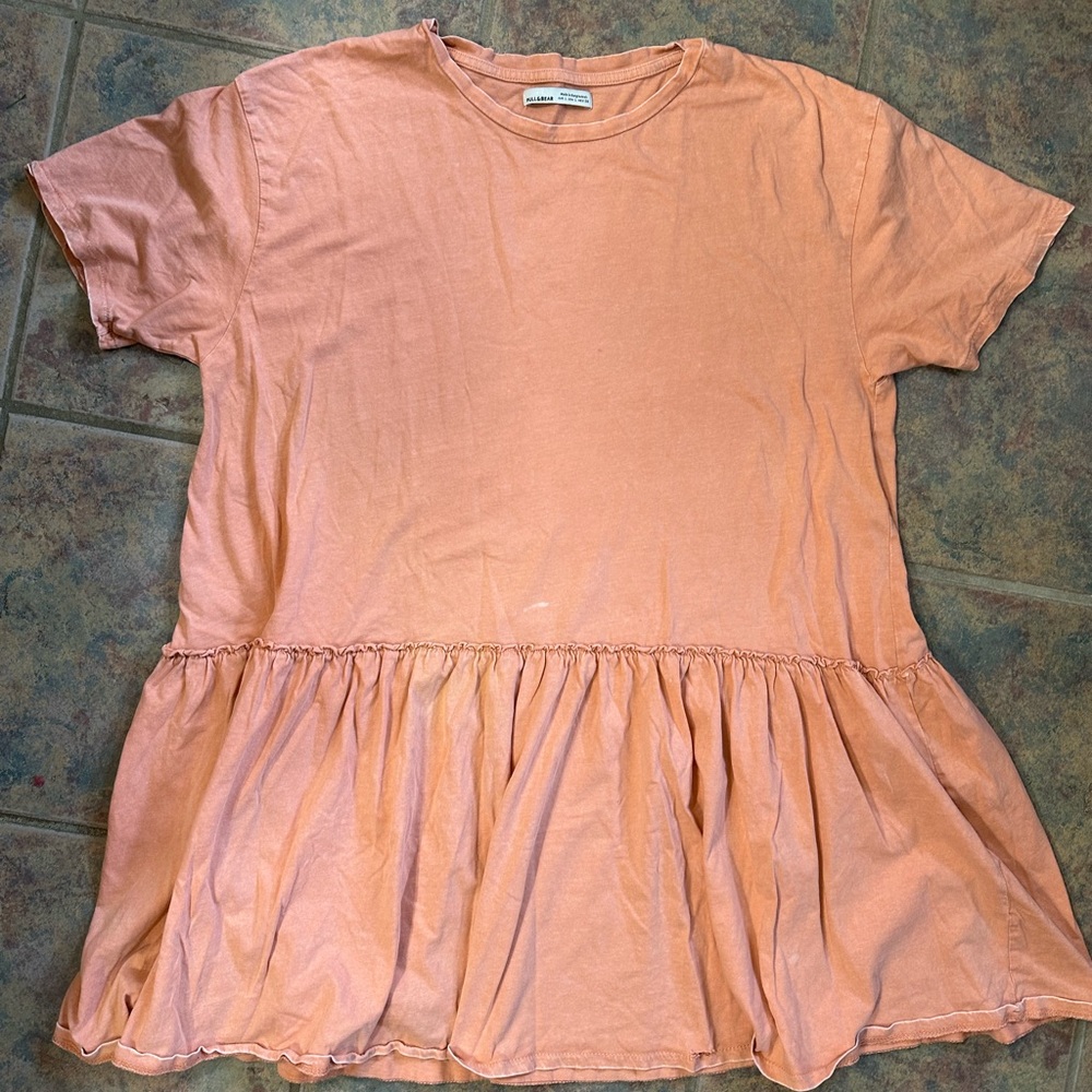 Pull & Bear Women’s Large Short Sleeve Shirt, Salmon Orange Color With Ruffles
